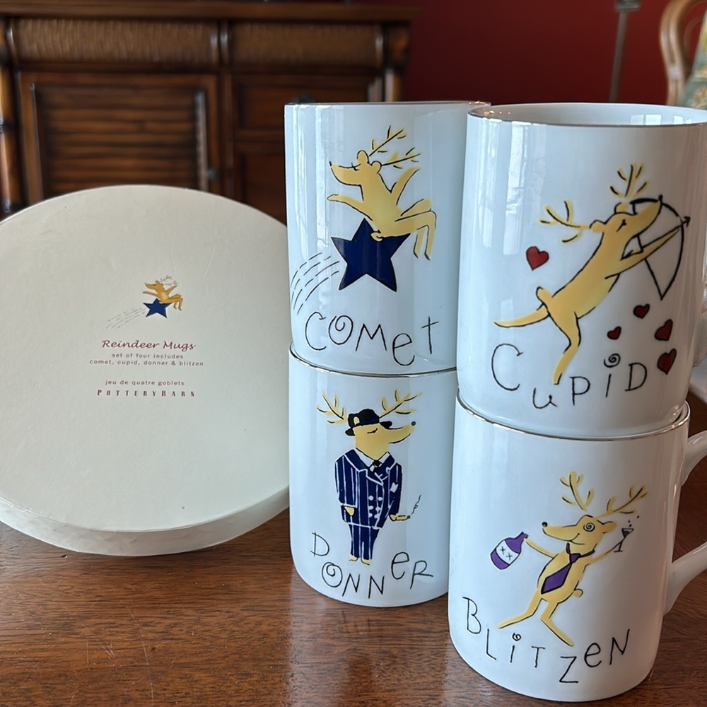 2003 Pottery Barn Reindeer mug set, retired. Comet, Cupid, Donner and Blitzen